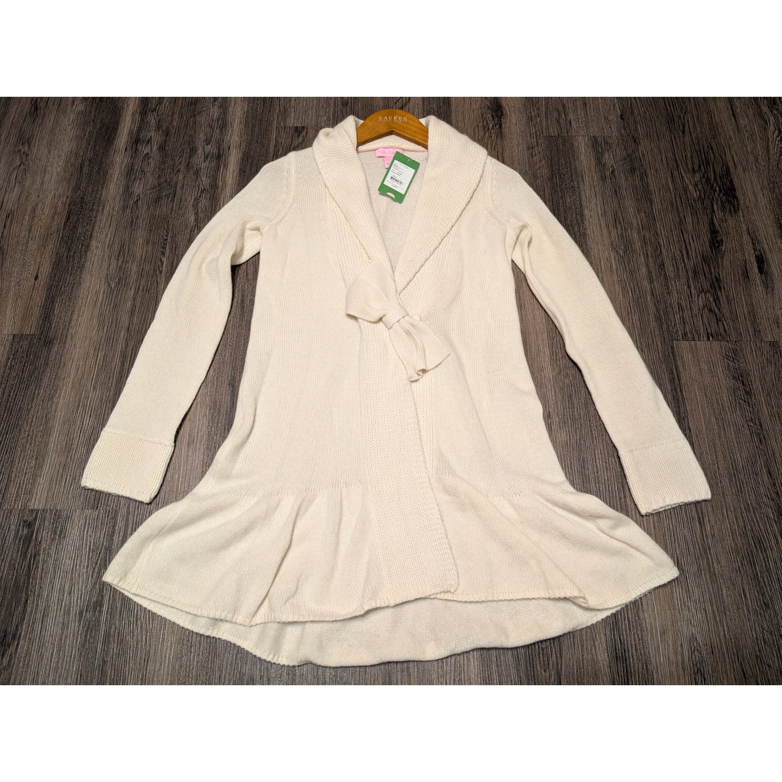 Lilly Pulitzer Madison Cardigan Bow Front Sweater Knit Ruffle Hem White S Read